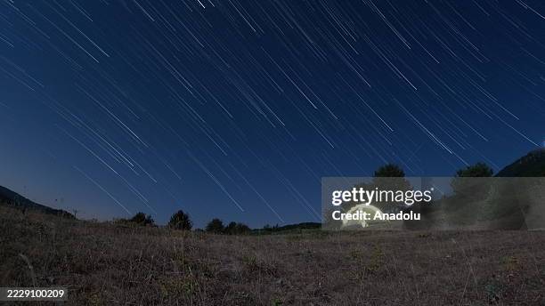 Perseid meteor shower is captured with long-exposure photography over Salin Plateau in Kizilcahamam district of Ankara, Turkiye, on August 12, 2025.