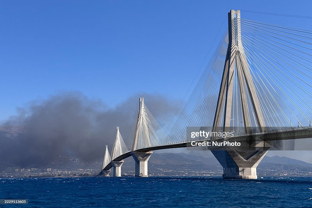 Wildfire Smoke Over The Iconic Rio-Antirrio Bridge.