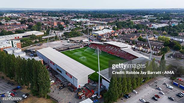 General aerial view of STK Racecourse, home stadium of Wrexham as work on The Kop stand expansion is seen in progress ahead of the Carabao Cup first...