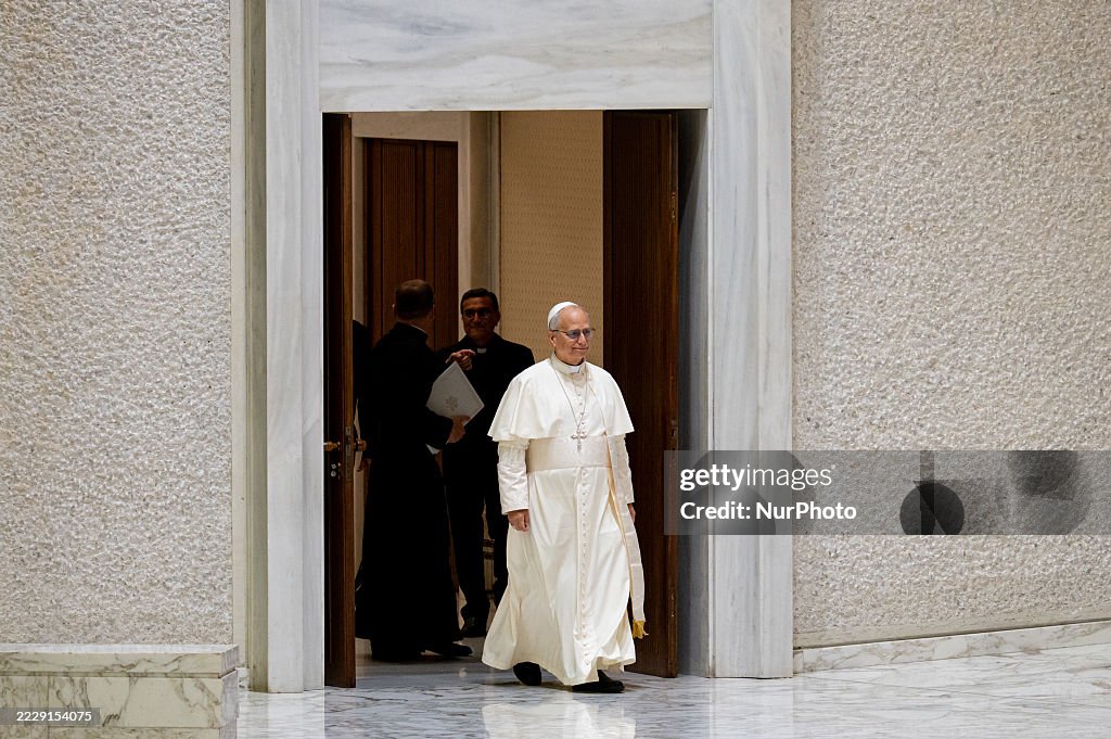Pope Leo XIV Holds Weekly General Audience In The Paul VI Hall At The Vatican On August 13, 2025.