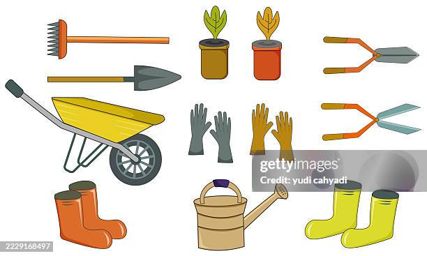 buntes vektor-set für gartengeräte und -geräte - schubkarre, schaufel, rechen, handschuhe, stiefel, gießkanne und topfpflanzen illustration - gartenhandschuh stock-grafiken, -clipart, -cartoons und -symbole