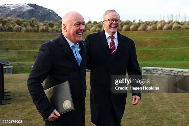 New Zealand Prime Minister Christopher Luxon and Australian Prime Minister Anthony Albanese make an exit after a press conference at Taramea on...