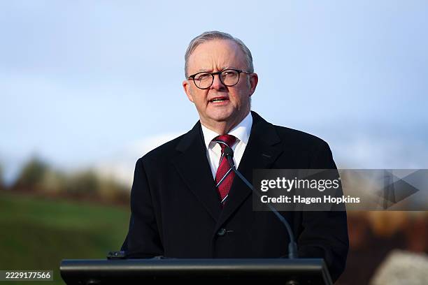 Australian Prime Minister Anthony Albanese speaks during a press conference at Taramea on August 09, 2025 in Queenstown, New Zealand. Australia's...