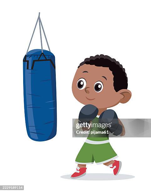 ilustrações de stock, clip art, desenhos animados e ícones de boy boxing punching bag. - saco-de-boxe
