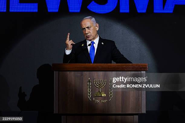 Israeli Prime Minister Benjamin Netanyahu delivers a statement during the US Independence Day reception, known as the annual "Fourth of July"...