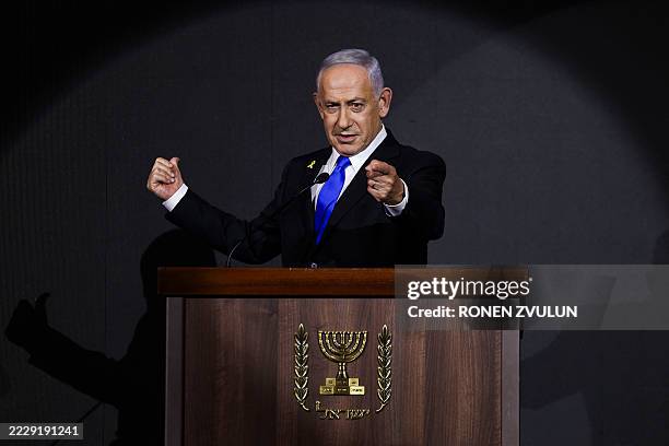 Israeli Prime Minister Benjamin Netanyahu delivers a statement during the US Independence Day reception, known as the annual "Fourth of July"...