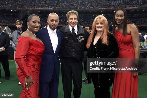 Patti LaBelle, James Ingram, Barry Manilow, Wynonna, and Yolanda Adams before going onstage at the Super Bowl XXXVI - Pre Game Show at the Louisiana...