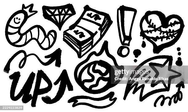 funky schwarz-weiße graffiti-symbole mit wurm mit krone, diamant, geld, brennender erde, herz, stern und mehr - wurm stock-grafiken, -clipart, -cartoons und -symbole