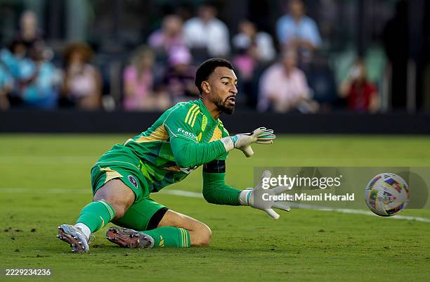 Inter Miami goalkeeper Drake Callender makes a save in first half of their MLS match against New England Revolution at Chase Stadium on Saturday,...