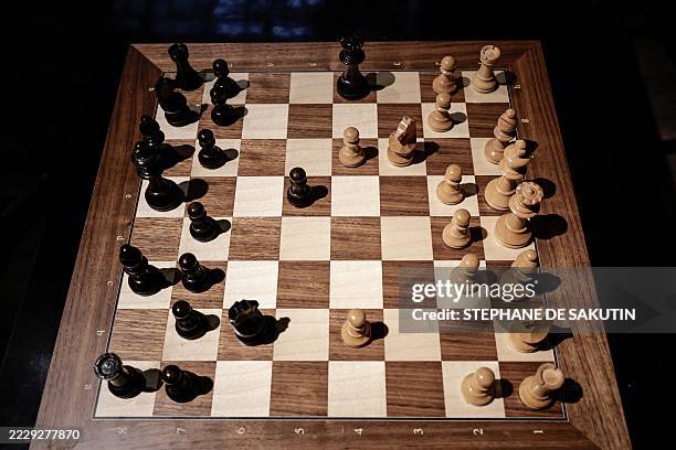 Chess board is pictured at the Blitz Society chess club in Paris on August 13, 2025.