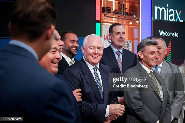 Thomas Gallagher, chairman and chief executive officer of Miami International Holdings , center, during the company's initial public offering at the...