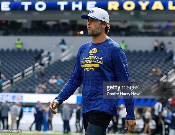 Matthew Stafford of the Los Angeles Rams before the NFL Preseason 2025 game between Dallas Cowboys and Los Angeles Rams at SoFi Stadium on August 09,...