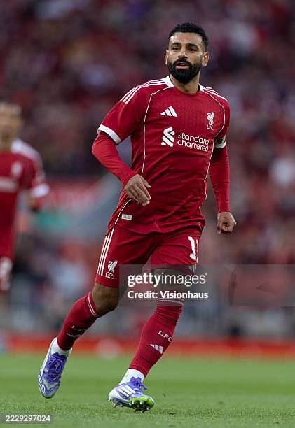 Mohamed Salah of Liverpool in action during the pre-season friendly match between Liverpool and Athletic Club Bilbao at Anfield on August 4, 2025 in...