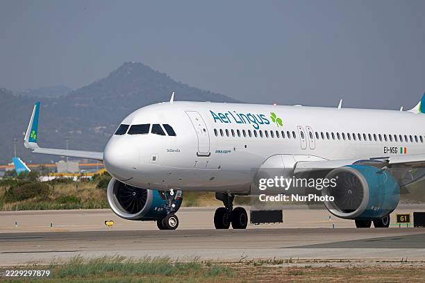 An Aer Lingus Airbus A320-251N is on the runway for takeoff from Barcelona-El Prat Airport, in Barcelona, Spain, on August 5, 2025.