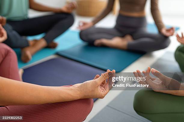 yoga practice with diverse individuals meditating in a serene environment - athleisure stock pictures, royalty-free photos & images
