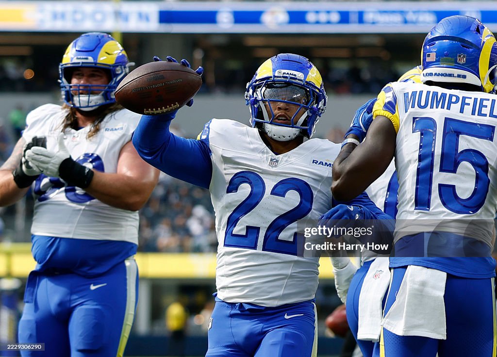 Touchdown Rams Campo Blake Corum of the Los Angeles Rams reacts to his touchdown in front ...