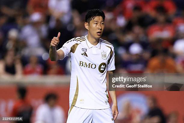 Son Heung-Min of Los Angeles FC gestures during the MLS match between Chicago Fire FC and Los Angeles Football Club at SeatGeek Stadium on August 09,...