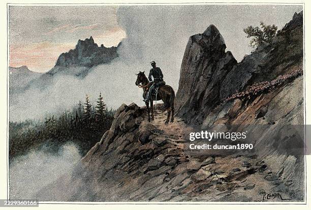 military history, french army, alpine soldiers, officer on horse on mountain path, 1890s, 19th century - french alps stock illustrations