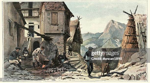 military history, french army, alpine soldiers resting in a village, cooking lunch, 1890s, 19th century - french alps stock illustrations