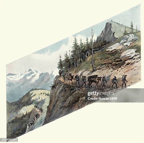 military history, french army, alpine soldiers moving along a narrow mountain path, 1890s, 19th century - french alps stock illustrations