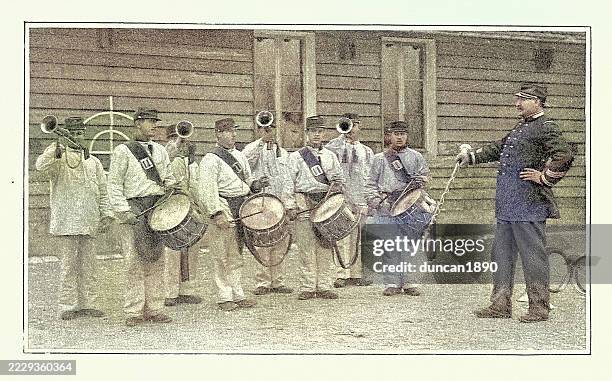 military history, french army military band, drummers, trumpeters, 19th century 1890s - marching band drum major stock illustrations