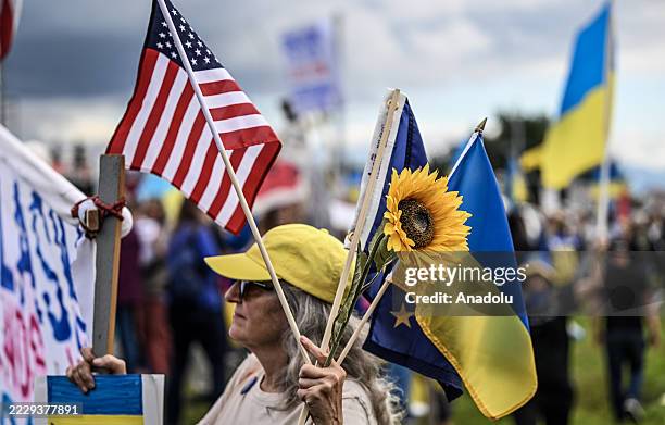 Ukraine supporters gather in a demonstration ahead of the meeting between U.S. President Donald Trump and Russian President Vladimir Putin in...