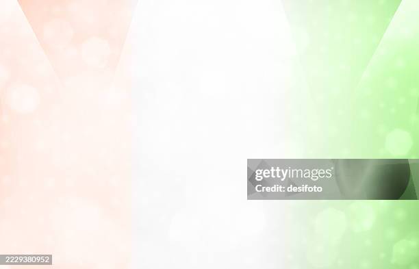 a horizontal vector tricolour defocused blurred striped background in three shiny colors saffron, white and green. the orange and green at the edges mixing into into the bright white illuminated white centre with glittering bokeh lights - vertical stripes stock illustrations