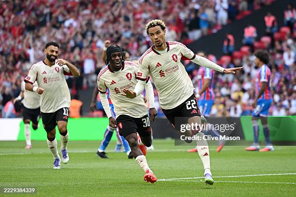 Hugo Ekitike of Liverpool celebrates scoring his team's first goal during the 2025 FA Community Shield match between Crystal Palace and Liverpool at...