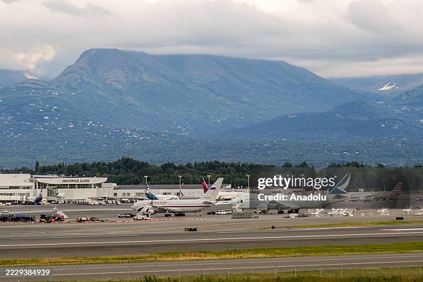 Russian aircraft Ilyushin Il-96 is seen at Ted Stevens Anchorage International Airport ahead of the meeting between U.S. President Donald Trump and...
