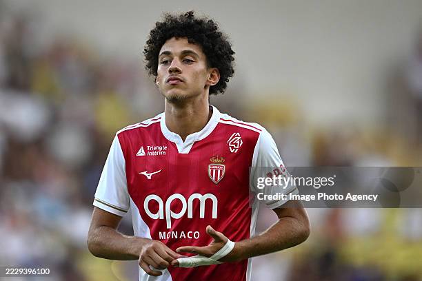Maghnes Akliouche of Monaco looks during the pre-season friendly match between AS Monaco and Internazionale at Stade Louis II on August 08, 2025 in...
