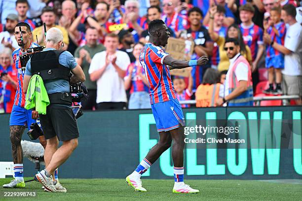 Ismaila Sarr of Crystal Palace celebrates scoring his team's second goal during the 2025 FA Community Shield match between Crystal Palace and...