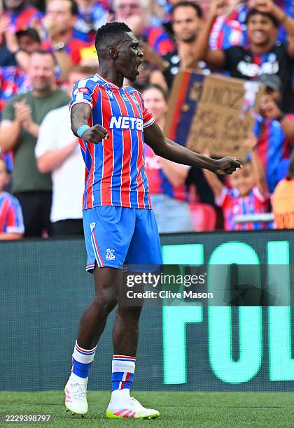 Ismaila Sarr of Crystal Palace celebrates scoring his team's second goal during the 2025 FA Community Shield match between Crystal Palace and...