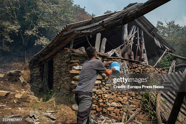 Livestock farmer owner of just over a hundred cows in Teixeira, tries to put out the fire in one of the animal shelters, on 10 August, 2025 in...