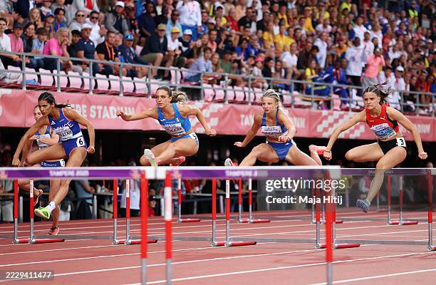 Melissa Benfatah of Team France, Alessia Succo of Team Italy, Laura Frlickova of Team Slovakia and Jil Sanchez of Team Switzerland compete in the...
