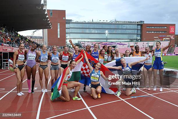 Heptathlon athletes pose for a photo after the 800 Metres leg in the Heptathlon during day four of the European Athletics U20 Championships 2025 on...