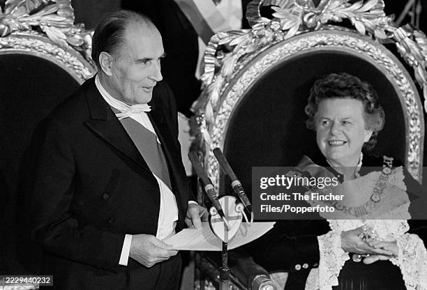 French president Francois Mitterand with London Lord Mayor Dame Mary Donaldson speaking at a Guildhall banquet during his State Visit on 25th October...