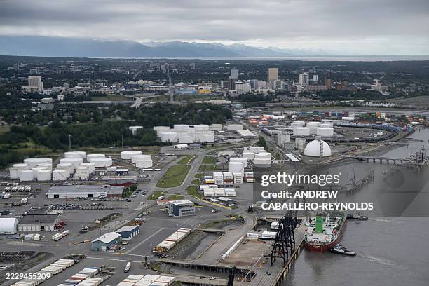 This aerial view shows a cargo ship docked at the Port of Alaska in Anchorage, Alaska, on August 15, 2025.