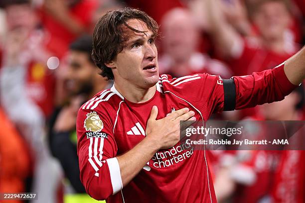 Federico Chiesa of Liverpool celebrates after scoring a goal to make it 3-2 during the Premier League match between Liverpool and Bournemouth at...