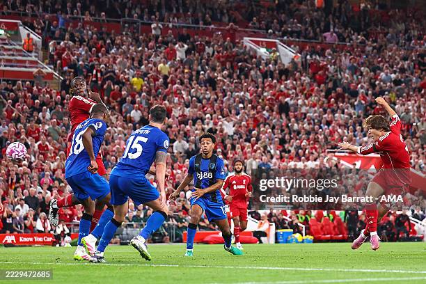 Federico Chiesa of Liverpool scores a goal to make it 3-2 during the Premier League match between Liverpool and Bournemouth at Anfield on August 15,...