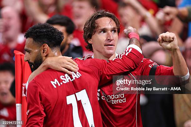 Federico Chiesa of Liverpool celebrates after scoring a goal to make it 3-2 during the Premier League match between Liverpool and Bournemouth at...