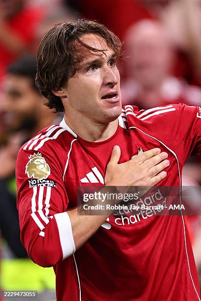 Federico Chiesa of Liverpool celebrates after scoring a goal to make it 3-2 during the Premier League match between Liverpool and Bournemouth at...