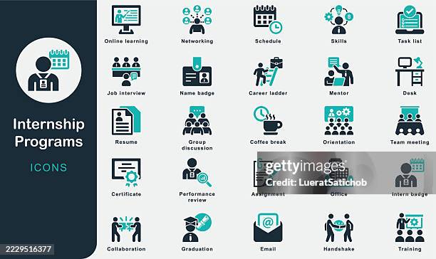 praktikumsprogramme solide icons-sammlung. enthält büro, mentor, lebenslauf, vorstellungsgespräch, arbeit, teambesprechung, handschlag, training, karriereleiter, fähigkeiten, zeitplan, abschluss, zertifikat, abzeichen - auszubildender stock-grafiken, -clipart, -cartoons und -symbole