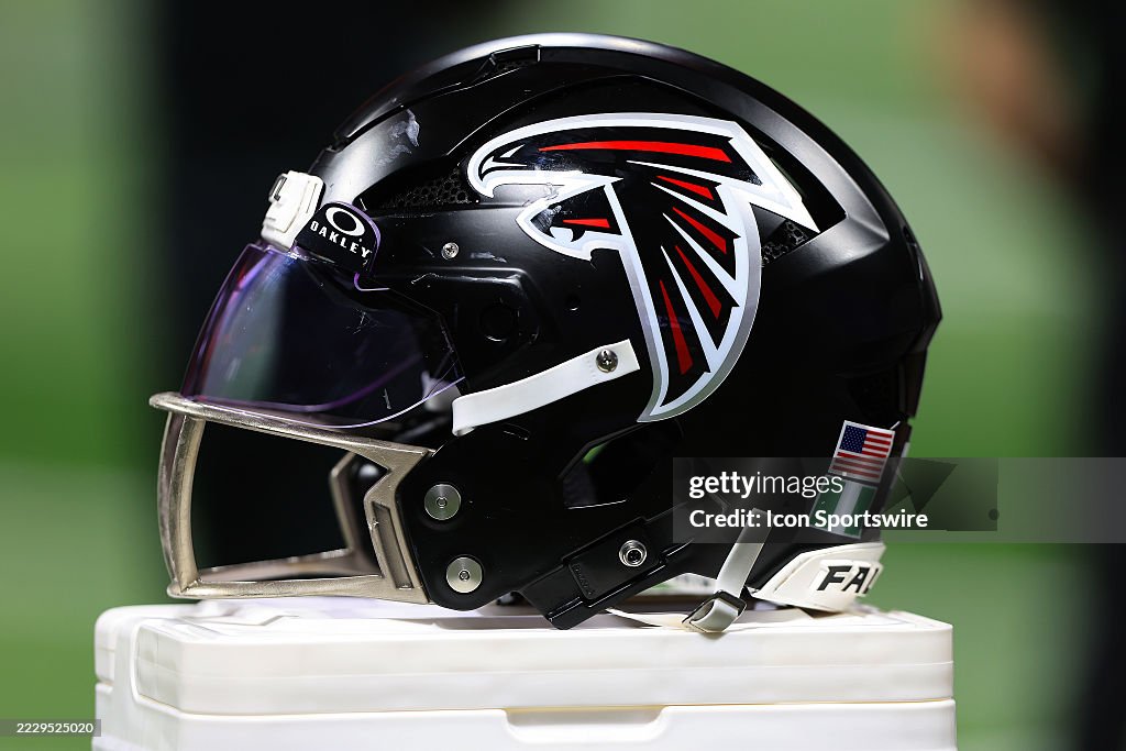 Falcons Rave Helmet A Falcons helmet on the sidelines during the Friday evening NFL... News ...