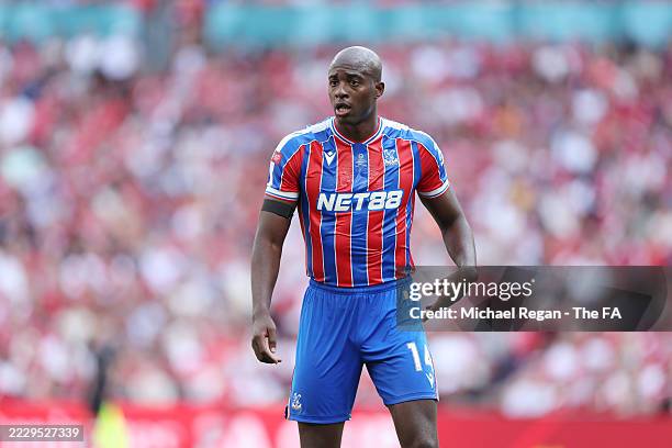 Jean-Philippe Mateta of Palace in action during the 2025 FA Community Shield match between Crystal Palace and Liverpool at Wembley Stadium on August...