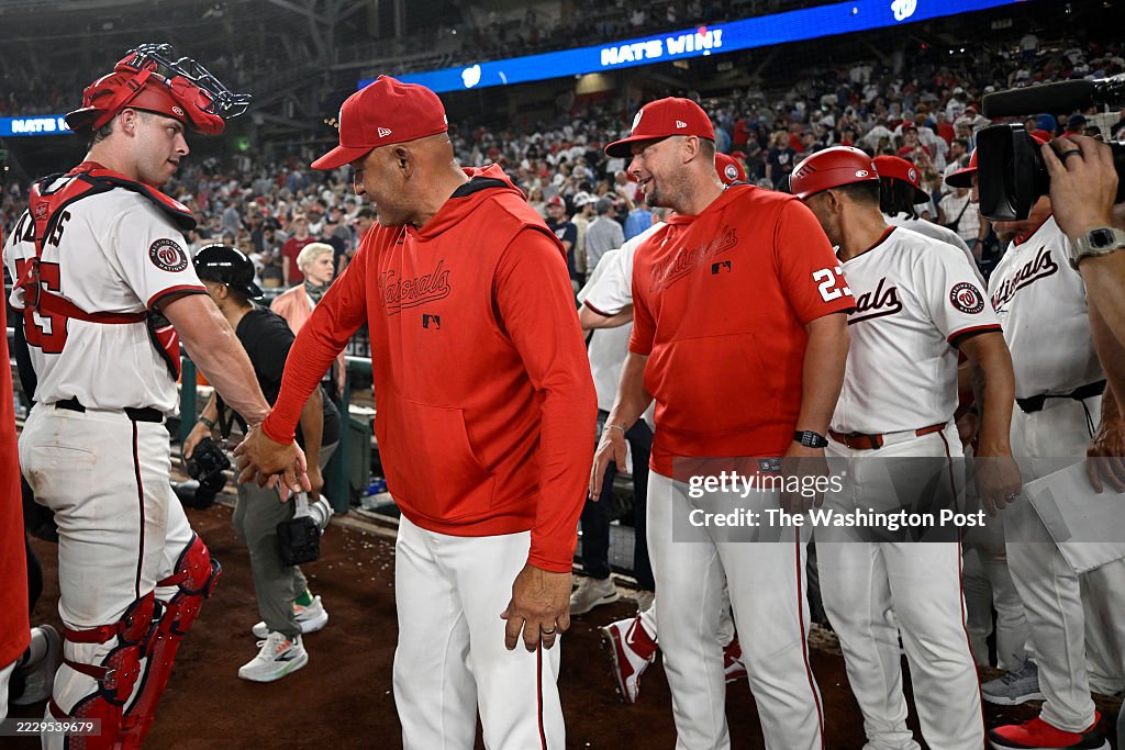 Nationals Riley Adams Washington Nationals catcher Riley Adams, left, is congratulated by ...