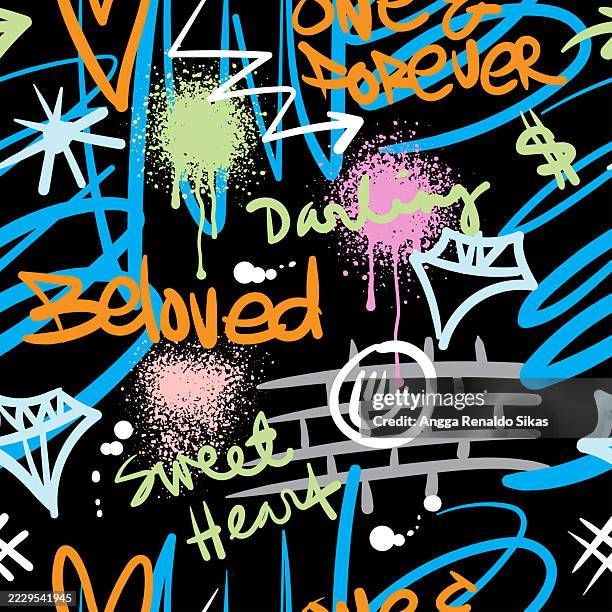 illustrations, cliparts, dessins animés et icônes de funky coloré graffiti abstrait sans couture motif avec forme de coeur, emoji, gribouillis, flèche, diamant, éclaboussures - for sale petite phrase