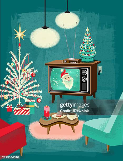 ilustrações de stock, clip art, desenhos animados e ícones de vintage retro mid-century livingroom concept scene decorated for christmas with tree, television, ceramic tree and santa on textured background - estilo moderno de meados do século