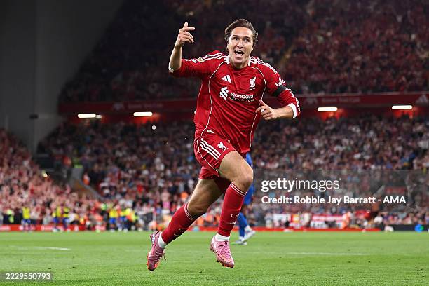 Federico Chiesa of Liverpool celebrates after scoring a goal to make it 3-2 during the Premier League match between Liverpool and Bournemouth at...