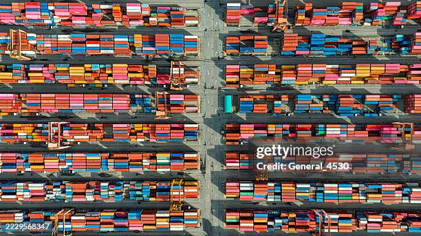 aerial top view container ship in the port. - shipping container top view - fotografias e filmes do acervo