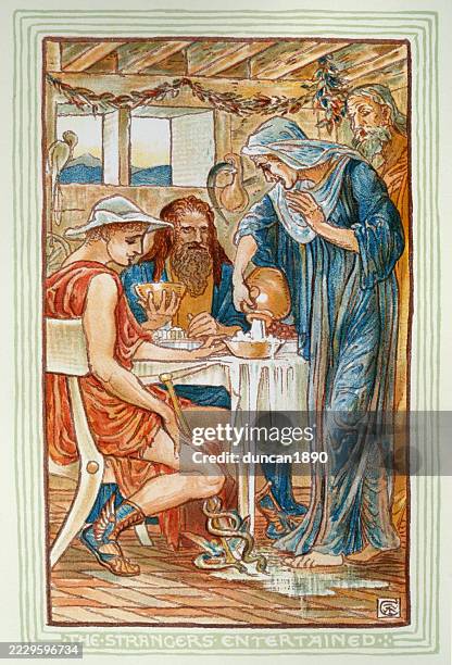 ovids metamorphosen, die antike griechische mythologie, zeus und hermes werden von baucis und philemon empfangen, allegorie auf die gastfreundschaft - mythologische gestalt stock-grafiken, -clipart, -cartoons und -symbole